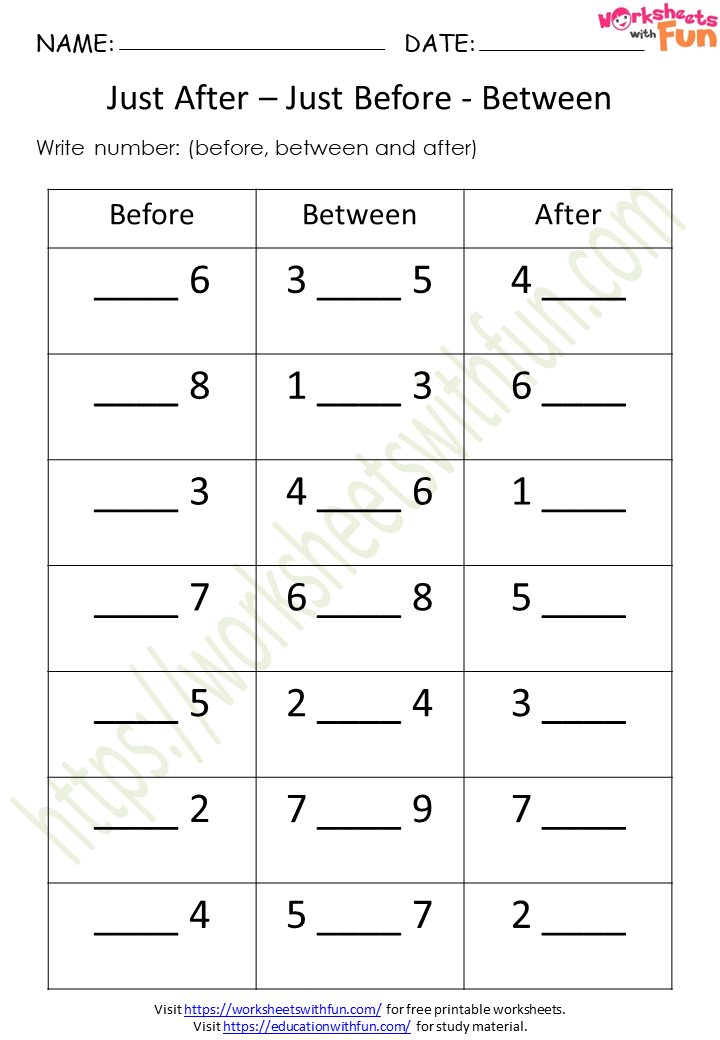 Maths Class 1 Before After and Between Worksheet 1